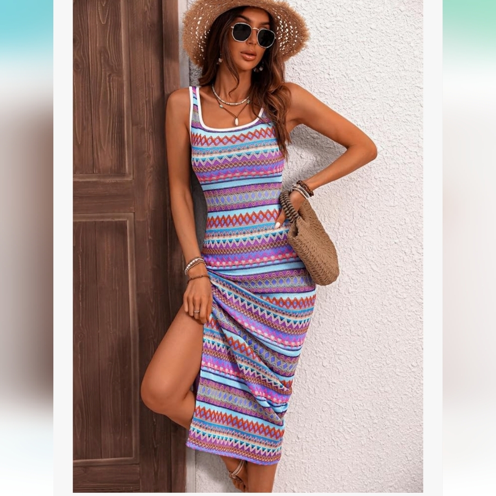 Vibrant Patterned Boho Side Slit Maxi Summer Dress - Picture 3 of 6